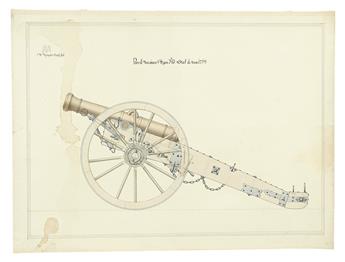 (CANNONS AND MORTARS.) Collection of 11 large and exquisite watercolor drawings of fieldpieces,